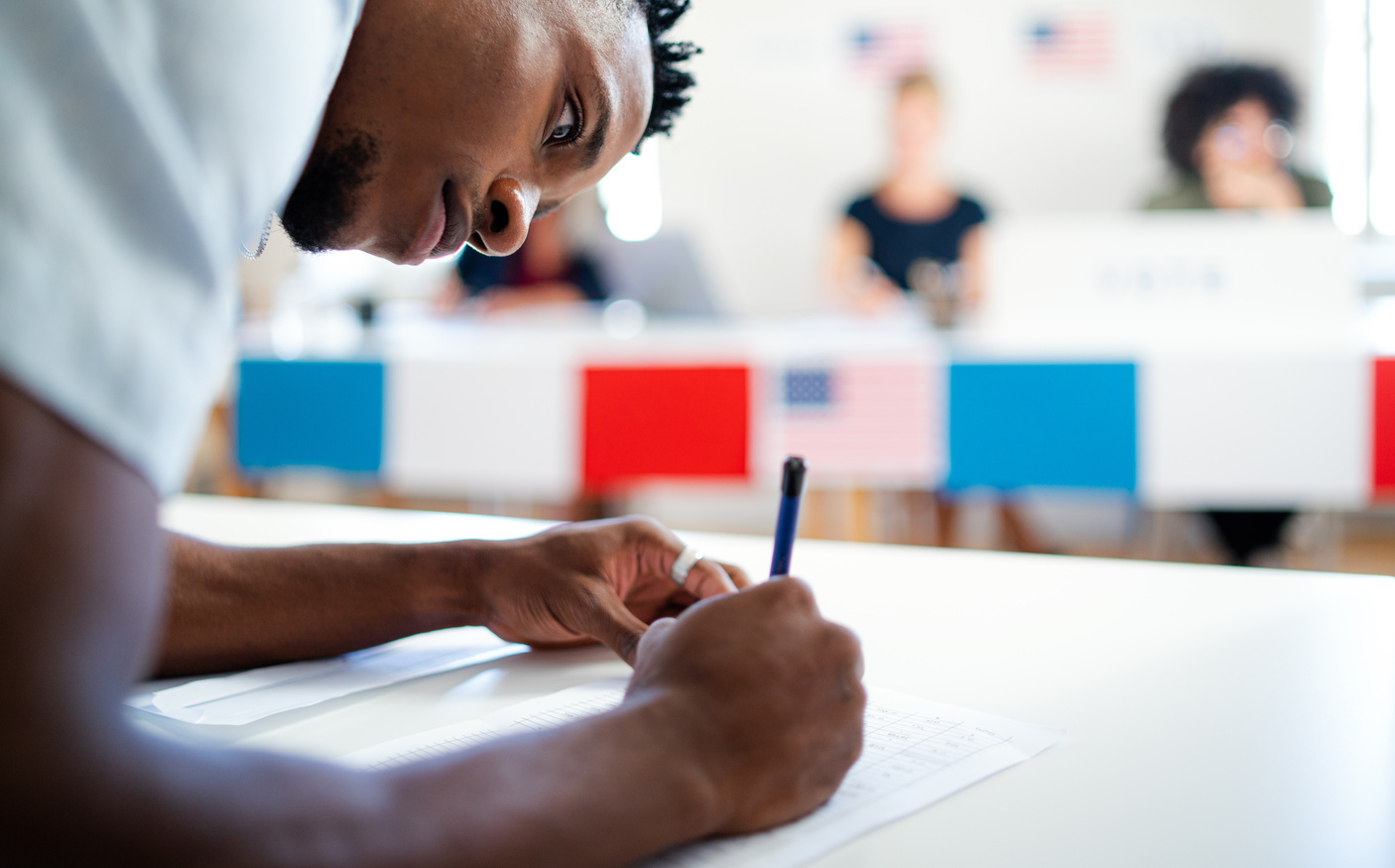 African-American Man Voter in Polling Place, Usa Elections Concept.